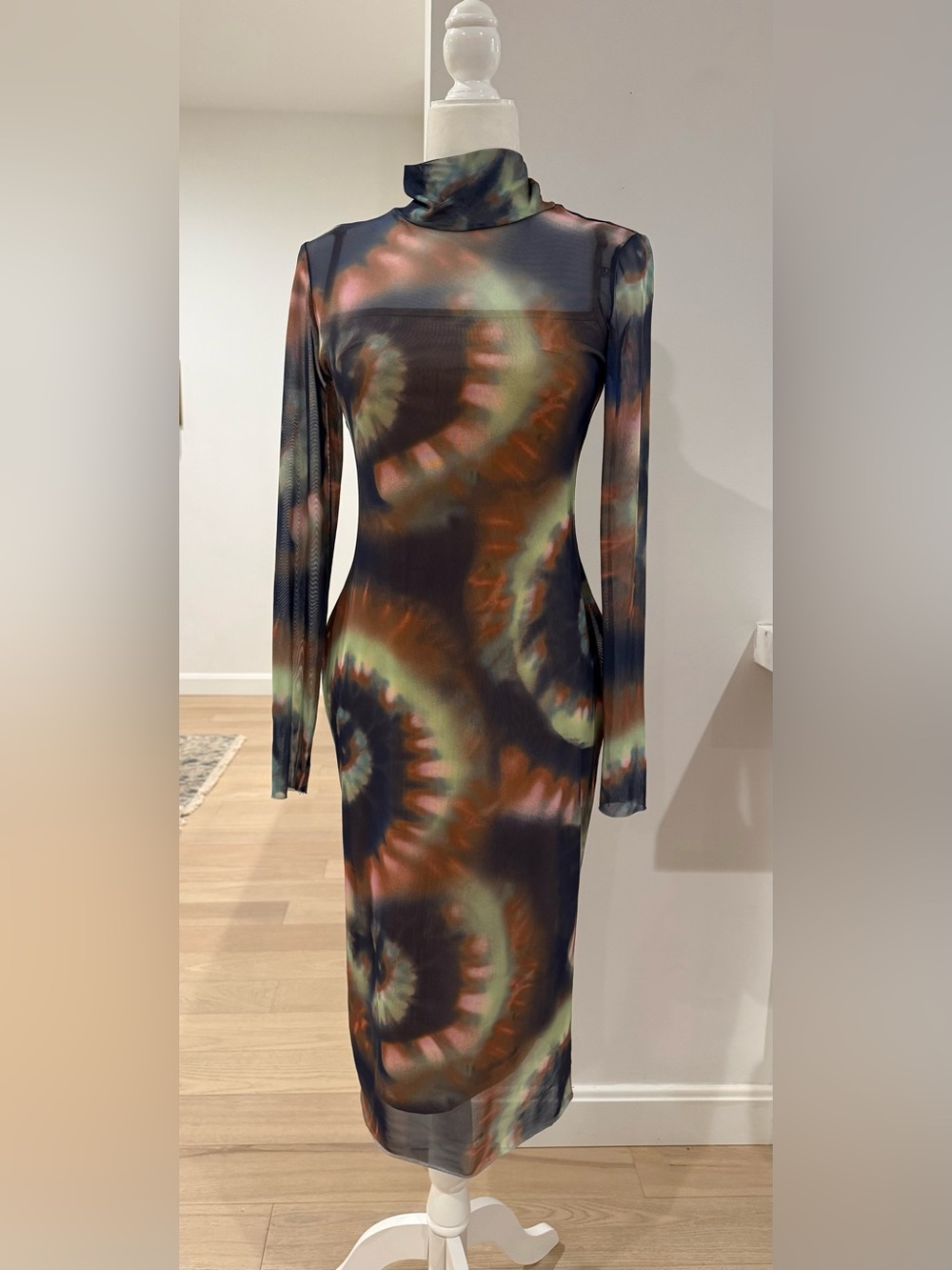 AFRM Tie-Dye Mock Neck Long Sleeve Midi Dress - Black, Green, Brown